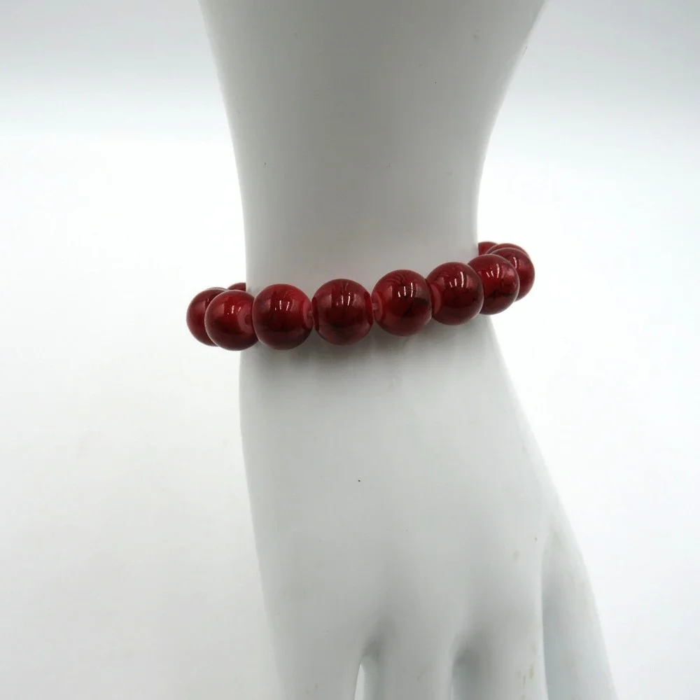 Red Beaded Stretch Bracelet Round Glossy Marbled Beads‎ Fashion Jewelry Unisex